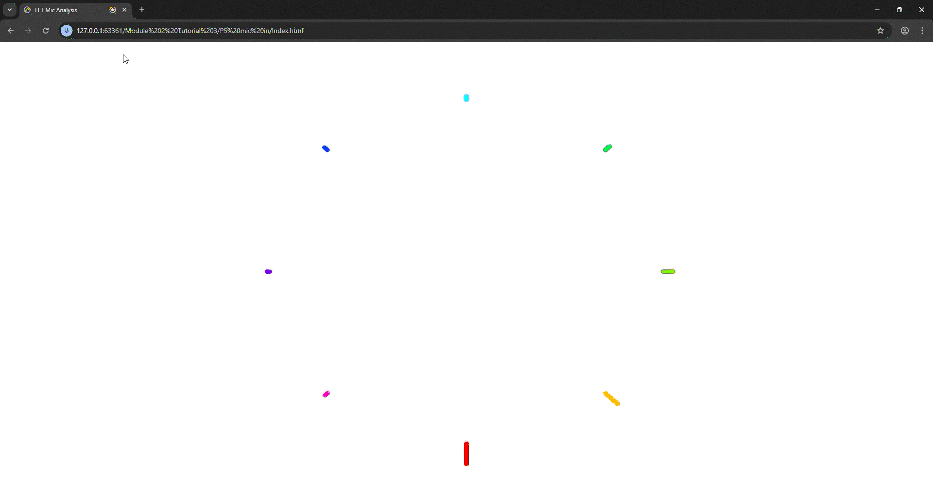 Tutorial 3 exploration of shapes and colours as well as mic reactivity/sensitivity. I tried to pull p5.js code from the recommended links and articles and incorporate my own sounds rather than use the mic, however I ran into many errors and was not able to get it working.
