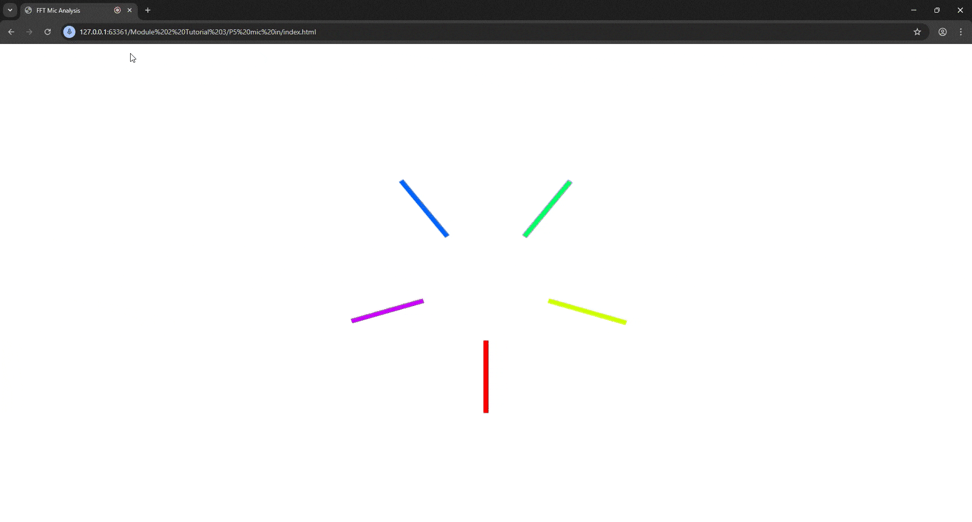 Tutorial 3 exploration of shapes and colours as well as mic reactivity/sensitivity. I tried to pull p5.js code from the recommended links and articles and incorporate my own sounds rather than use the mic, however I ran into many errors and was not able to get it working.
